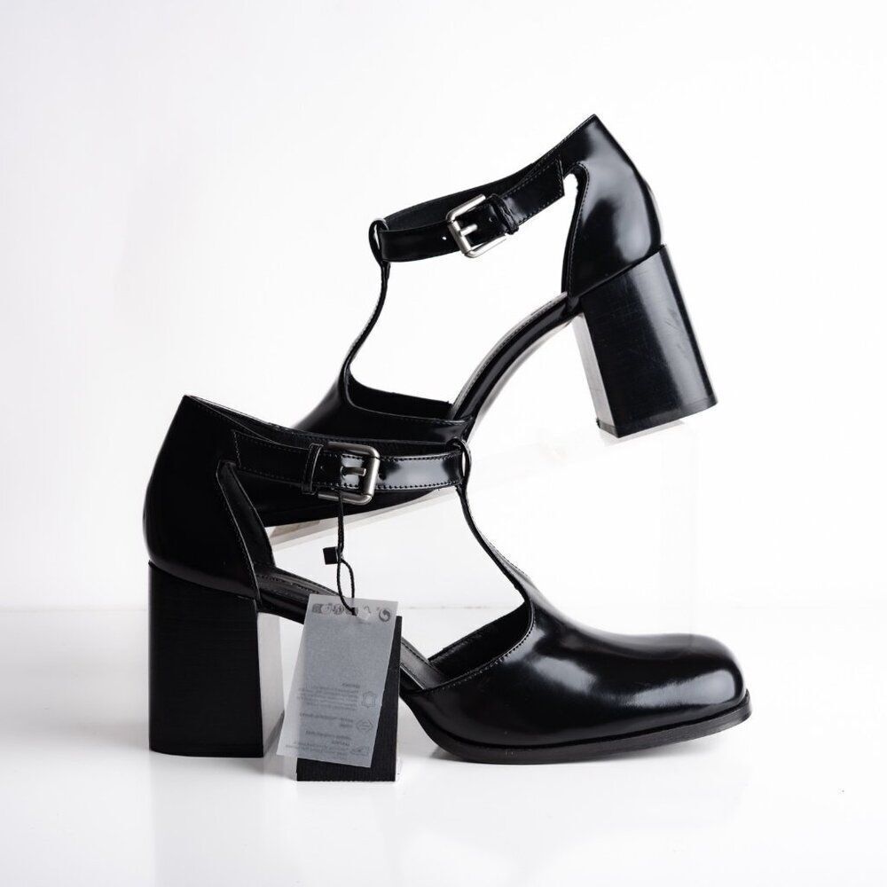 Massimo Dutti Womens Leather Heels Mary Janes Black US 9 EU 40 NWB 1414/450
